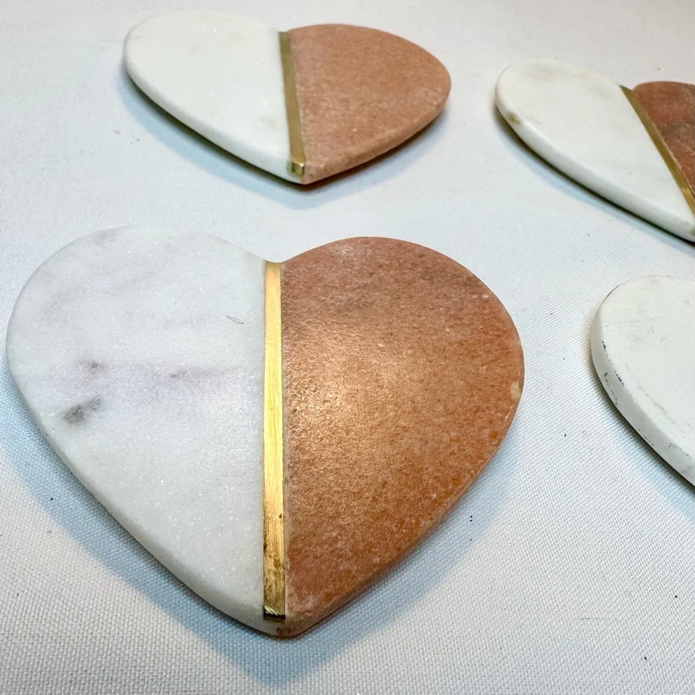 New 4 PC SET Natural Stone Orange Marble Heart Coasters With Brass Inlay - INDIA